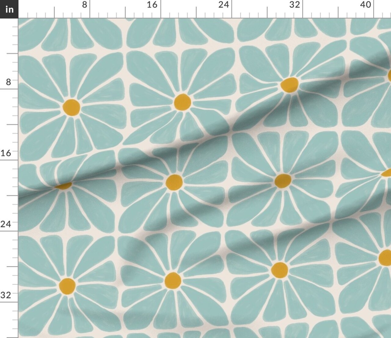 Geometric Floral Flowers Blue Yellow Square Bold Daisy Boho Mustard 70S 1970S Custom Printed Fabric by Spoonflower Various Fabrics by the Yard or Fat Quarter